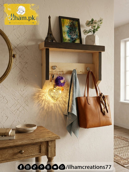 Multipurpose Wooden Keychain Holder with Hanger Hooks and Top Shelf - Wooden Entryway Organizer - ilham Creations - ilham Creations