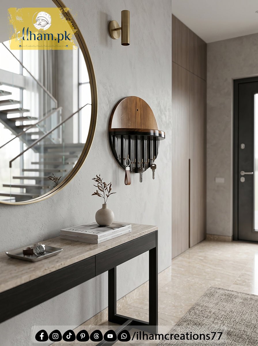 Premium Wooden Luna Wall Key Holder with Shelf for Home Entrance | ilham.pk - ilham Creations