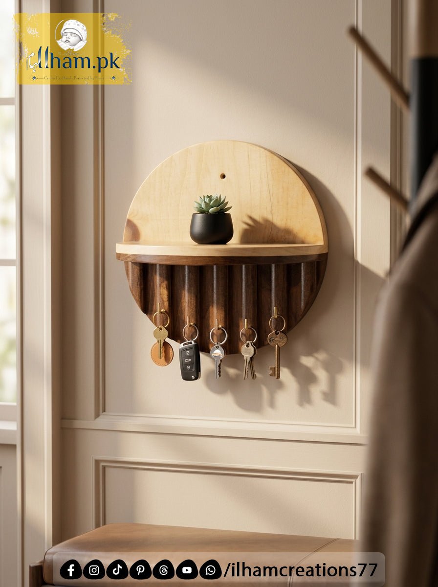 Premium Wooden Luna Wall Key Holder with Shelf for Home Entrance | ilham.pk - ilham Creations