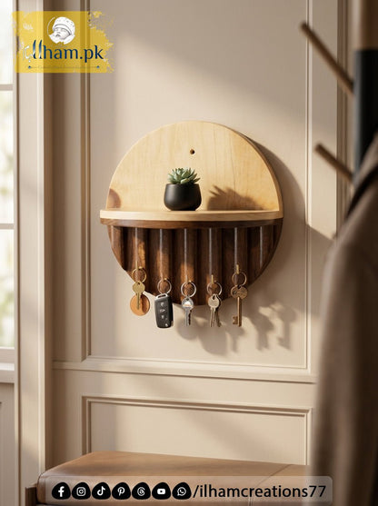 Premium Wooden Luna Wall Key Holder with Shelf for Home Entrance | ilham.pk - ilham Creations