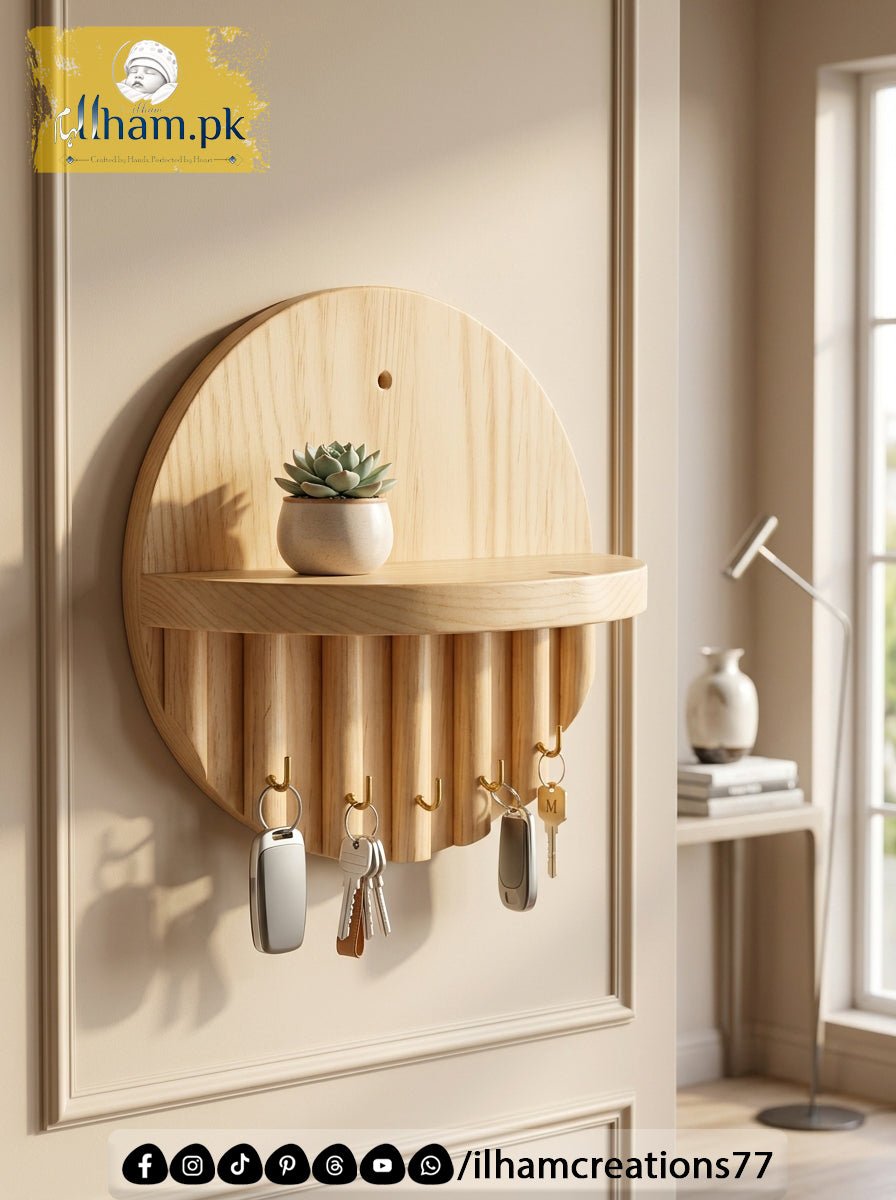 Premium Wooden Luna Wall Key Holder with Shelf for Home Entrance | ilham.pk - ilham Creations