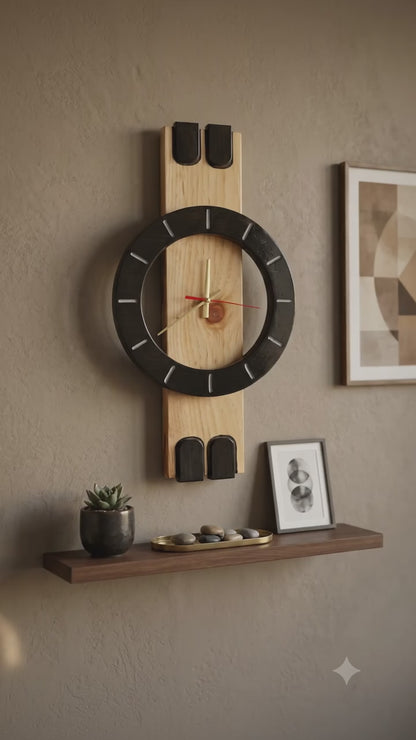 Modern Handmade Wooden Black & Natural Wood Design Eclipse Sonata Wall Clock for Living Room & Office | ilham.pk.