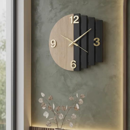 Luna Arc Modern Wooden Wall Clock | Premium Black & Natural Wood Wall Decor | ilham.pk.