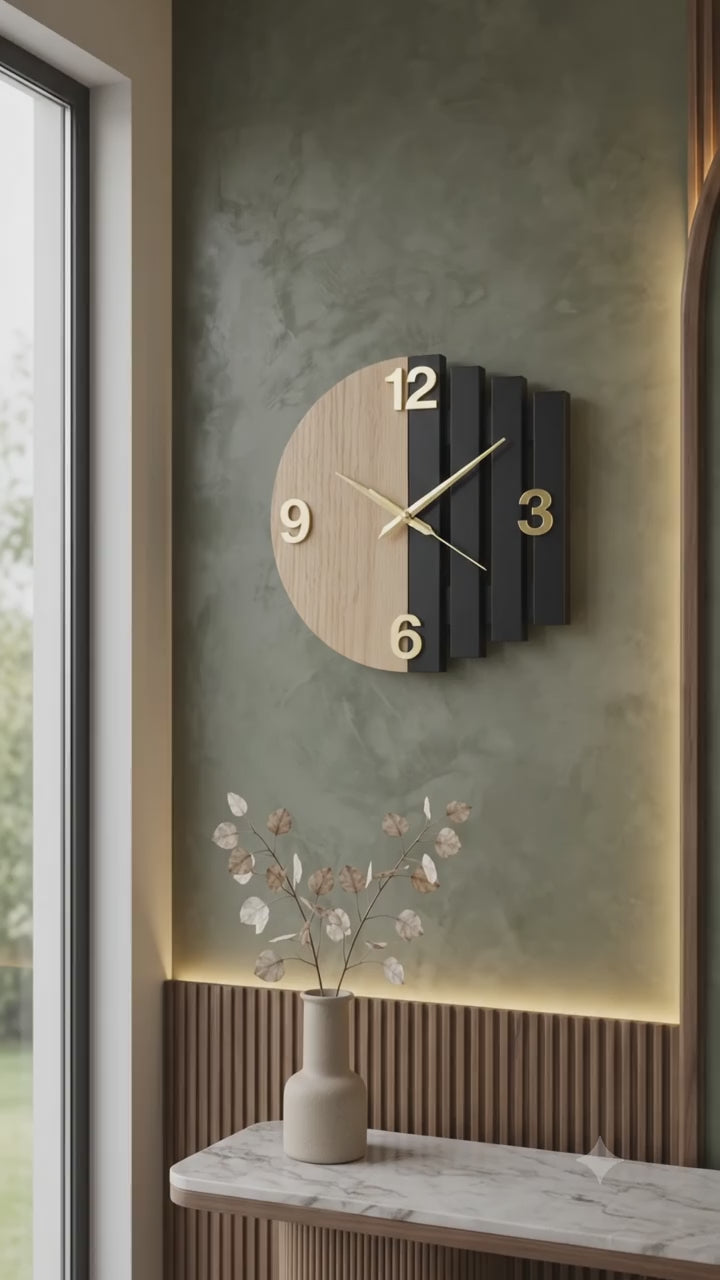 Luna Arc Modern Wooden Wall Clock | Premium Black & Natural Wood Wall Decor | ilham.pk.