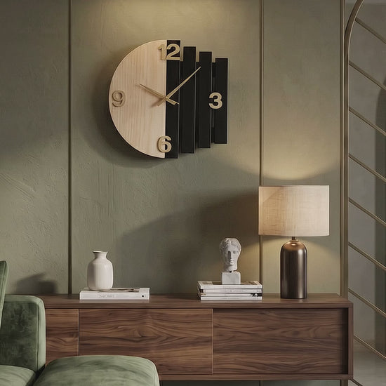 Luna Arc Modern Wooden Wall Clock | Premium Black & Natural Wood Wall Decor | ilham.pk.