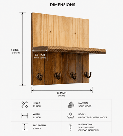 Rustic Wooden Wall Mounted Key Holder with Shelf – Entryway Organizer Rack with 4 Metal Hooks for Keys and shelf for Wallet, Mail, Mobile Phone & Home Décor | Ilham.pk - ilham - Crafted by Hands, Perfected by Heart