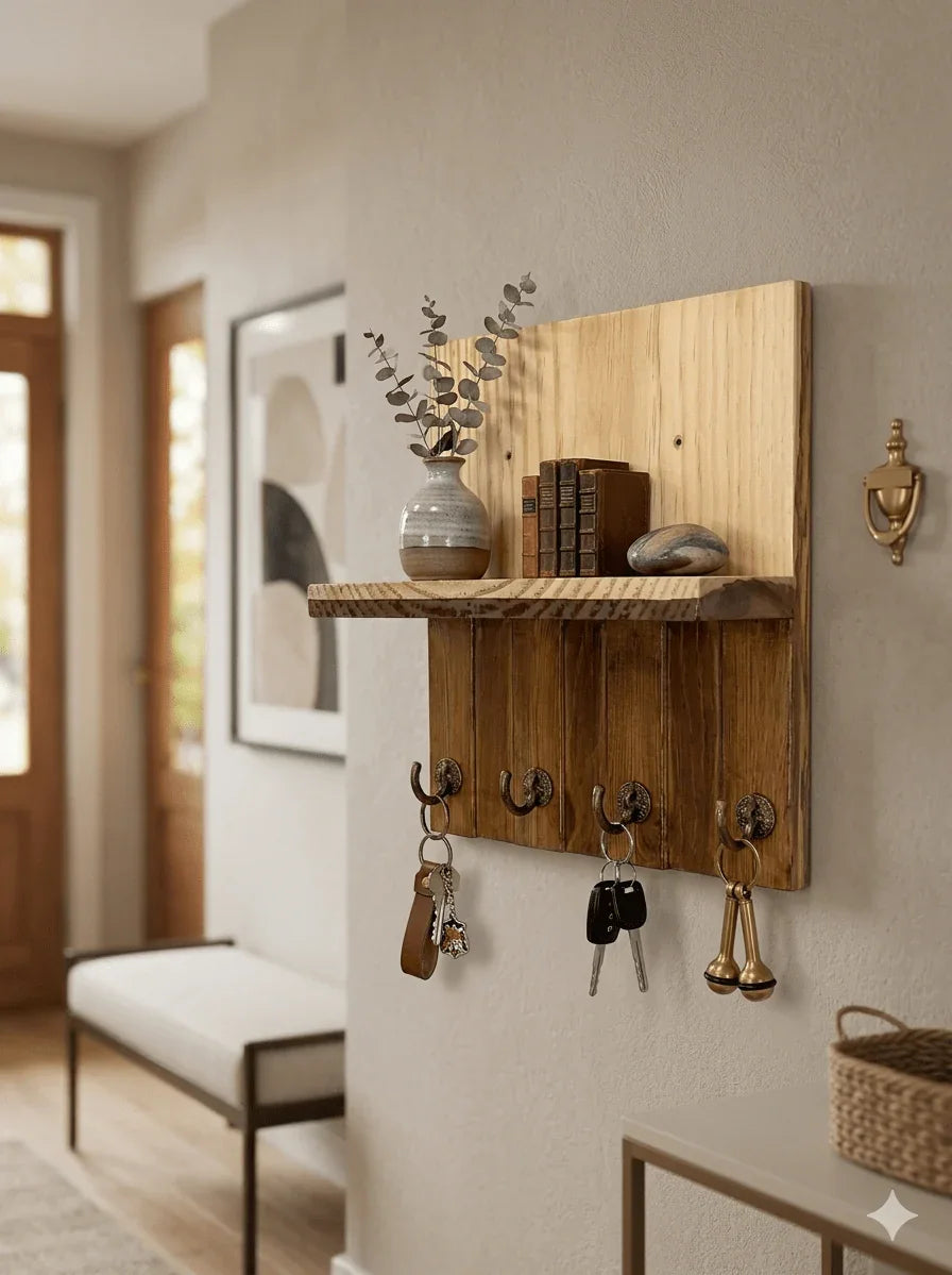 Rustic Wooden Wall Mounted Key Holder with Shelf – Entryway Organizer Rack with 4 Metal Hooks for Keys and shelf for Wallet, Mail, Mobile Phone & Home Décor | Ilham.pk - ilham - Crafted by Hands, Perfected by Heart