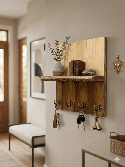 Rustic Wooden Wall Mounted Key Holder with Shelf – Entryway Organizer Rack with 4 Metal Hooks for Keys and shelf for Wallet, Mail, Mobile Phone & Home Décor | Ilham.pk - ilham - Crafted by Hands, Perfected by Heart