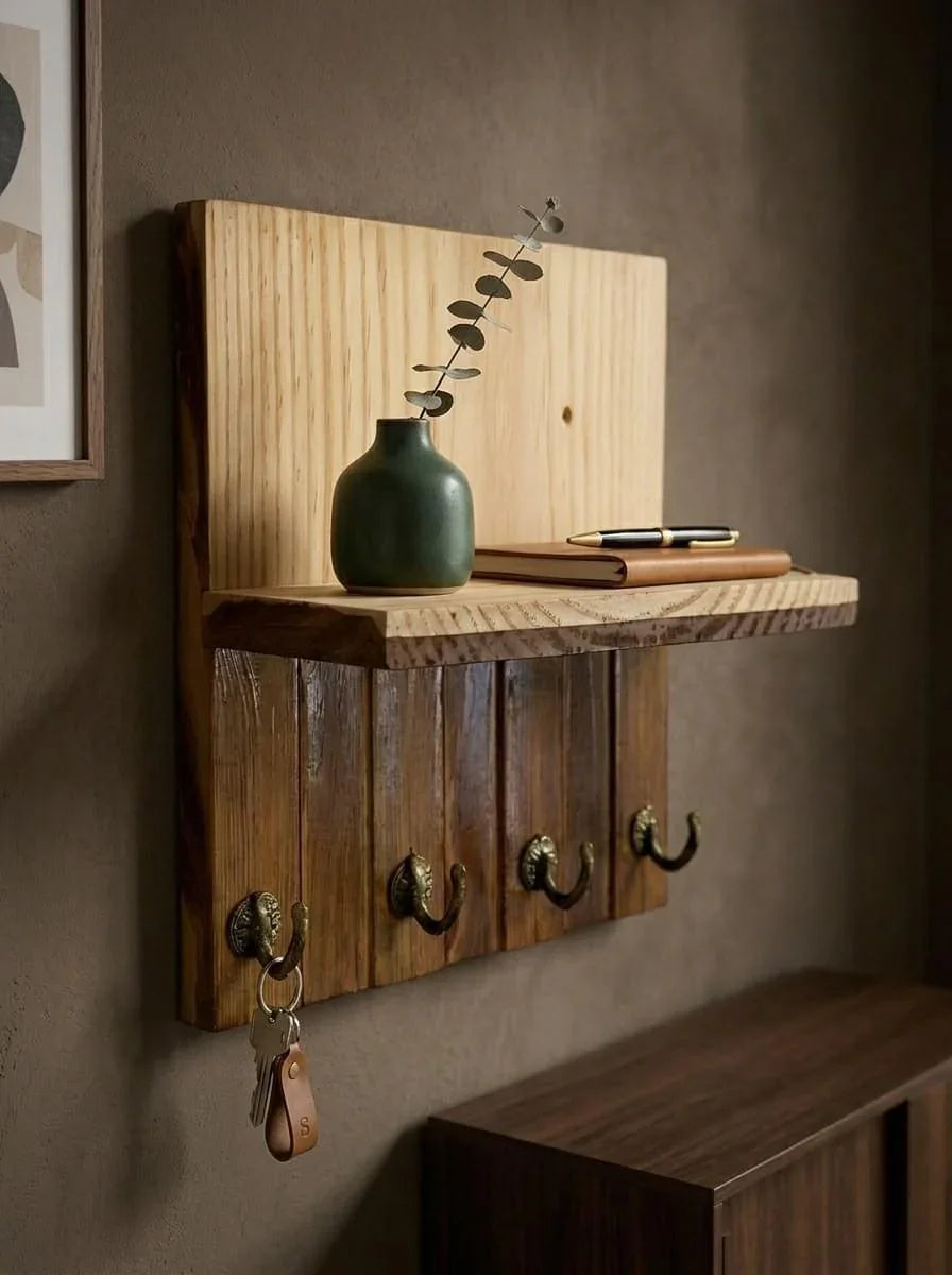 Rustic Wooden Wall Mounted Key Holder with Shelf – Entryway Organizer Rack with 4 Metal Hooks for Keys and shelf for Wallet, Mail, Mobile Phone & Home Décor | Ilham.pk - ilham - Crafted by Hands, Perfected by Heart