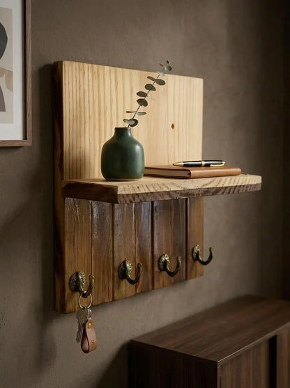 Rustic Wooden Wall Mounted Key Holder with Shelf – Entryway Organizer Rack with 4 Metal Hooks for Keys and shelf for Wallet, Mail, Mobile Phone & Home Décor | Ilham.pk - ilham - Crafted by Hands, Perfected by Heart