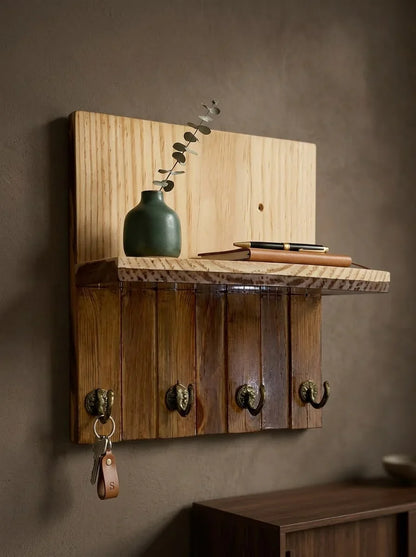 Rustic Wooden Wall Mounted Key Holder with Shelf – Entryway Organizer Rack with 4 Metal Hooks for Keys and shelf for Wallet, Mail, Mobile Phone & Home Décor | Ilham.pk - ilham - Crafted by Hands, Perfected by Heart