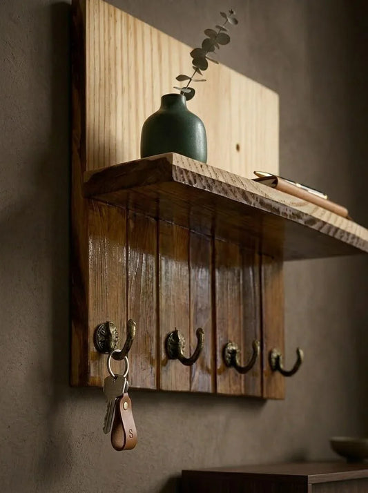 Rustic Wooden Wall Mounted Key Holder with Shelf – Entryway Organizer Rack with 4 Metal Hooks for Keys and shelf for Wallet, Mail, Mobile Phone & Home Décor | Ilham.pk - ilham - Crafted by Hands, Perfected by Heart