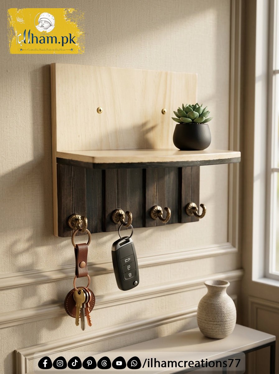Wooden 4 Hook Key Chain Holder with 11x6 inch Wide Storage Shelf | Ilham.pk - ilham Creations