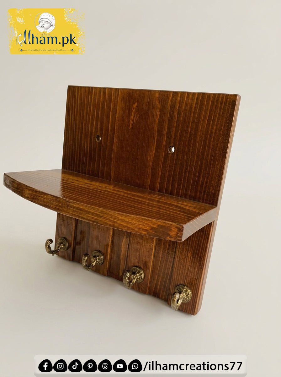 Wooden 4 Hook Key Chain Holder with 11x6 inch Wide Storage Shelf | Ilham.pk - ilham Creations