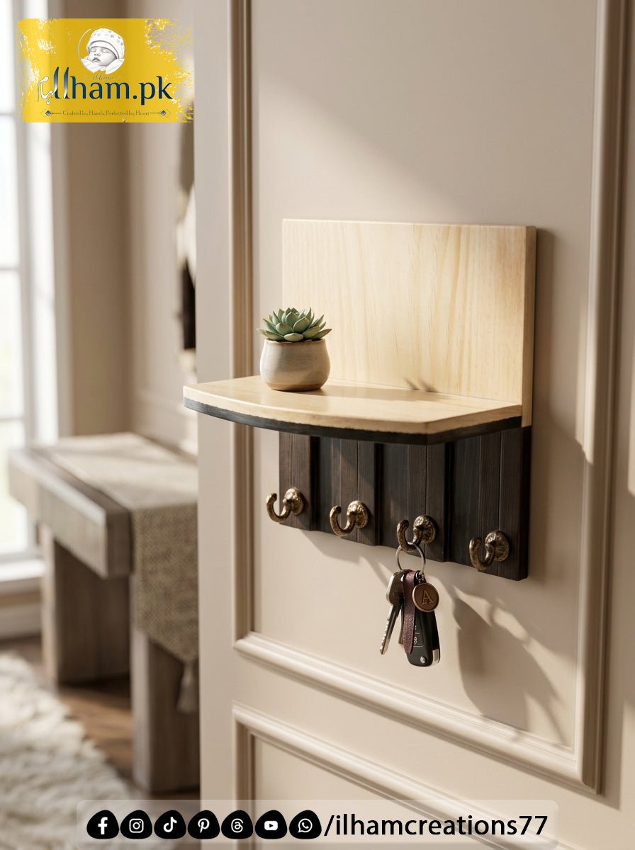 Wooden 4 Hook Key Chain Holder with 11x6 inch Wide Storage Shelf | Ilham.pk - ilham Creations