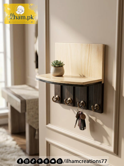 Wooden 4 Hook Key Chain Holder with 11x6 inch Wide Storage Shelf | Ilham.pk - ilham Creations
