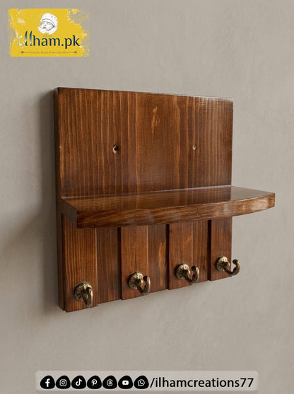 Wooden 4 Hook Key Chain Holder with 11x6 inch Wide Storage Shelf | Ilham.pk - ilham Creations