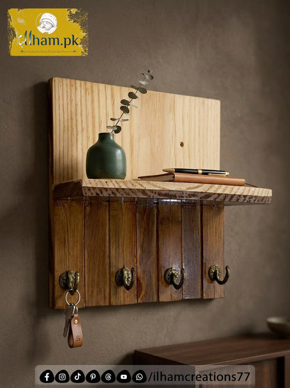 Wooden 4 Hook Key Chain Holder with 11x6 inch Wide Storage Shelf | Ilham.pk - ilham Creations