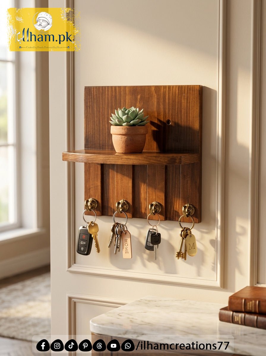 Wooden 4 Hook Key Chain Holder with 11x6 inch Wide Storage Shelf | Ilham.pk - ilham Creations