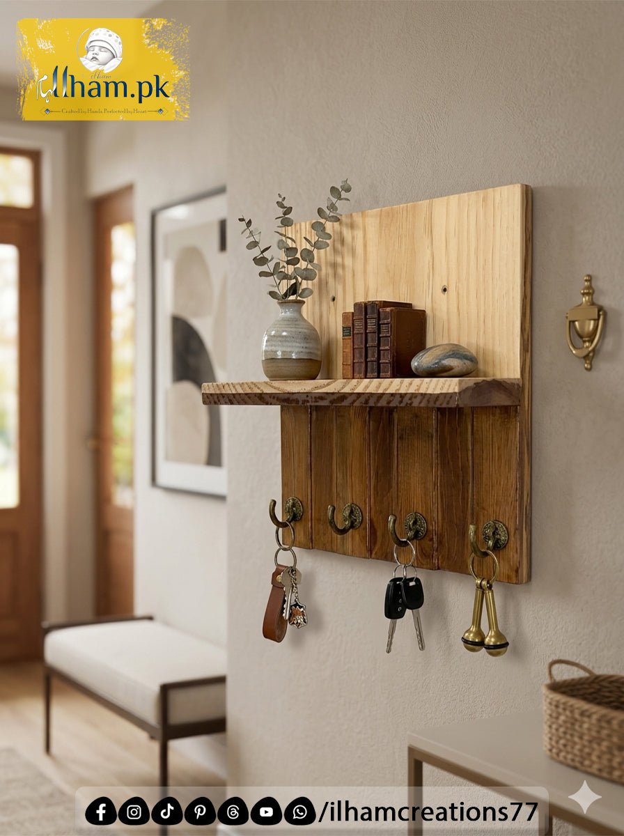 Wooden 4 Hook Key Chain Holder with 11x6 inch Wide Storage Shelf | Ilham.pk - ilham Creations