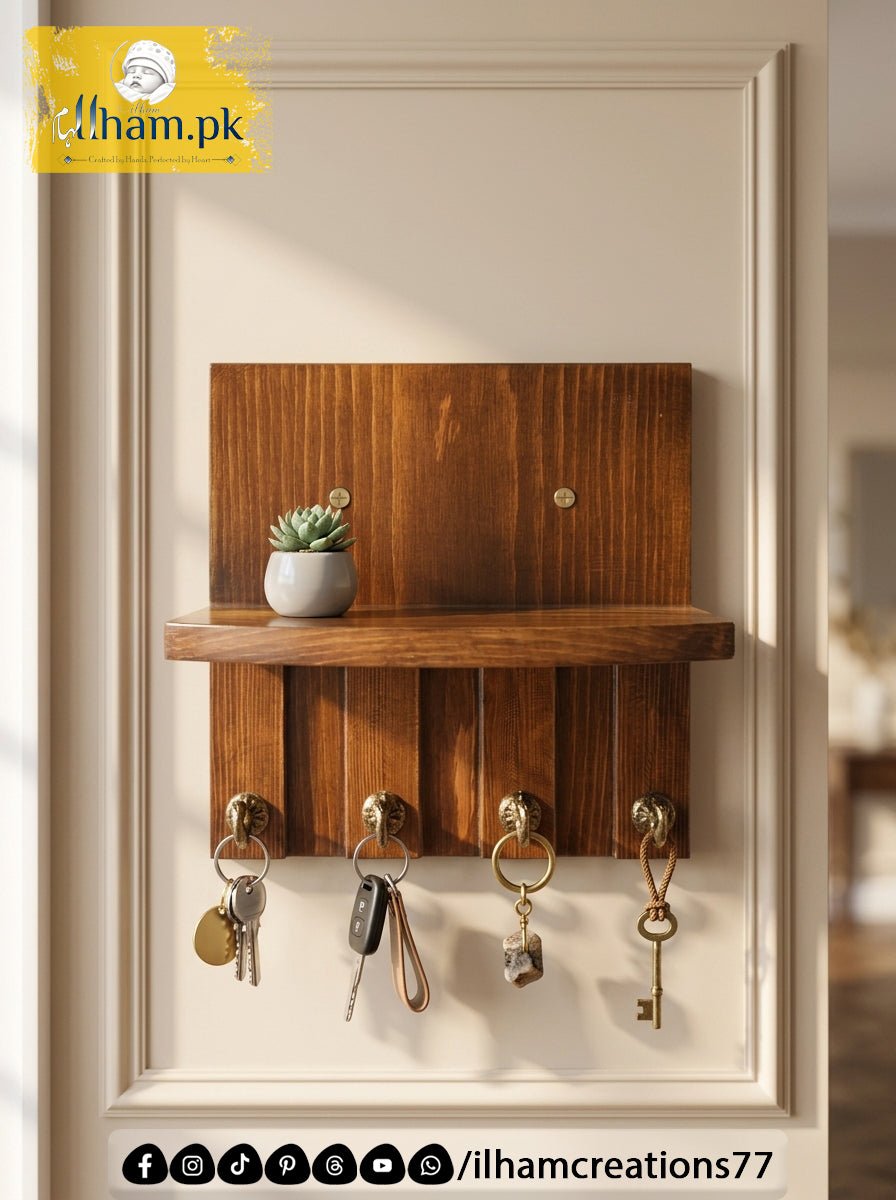 Wooden 4 Hook Key Chain Holder with 11x6 inch Wide Storage Shelf | Ilham.pk - ilham Creations