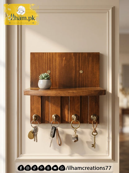 Wooden 4 Hook Key Chain Holder with 11x6 inch Wide Storage Shelf | Ilham.pk - ilham Creations