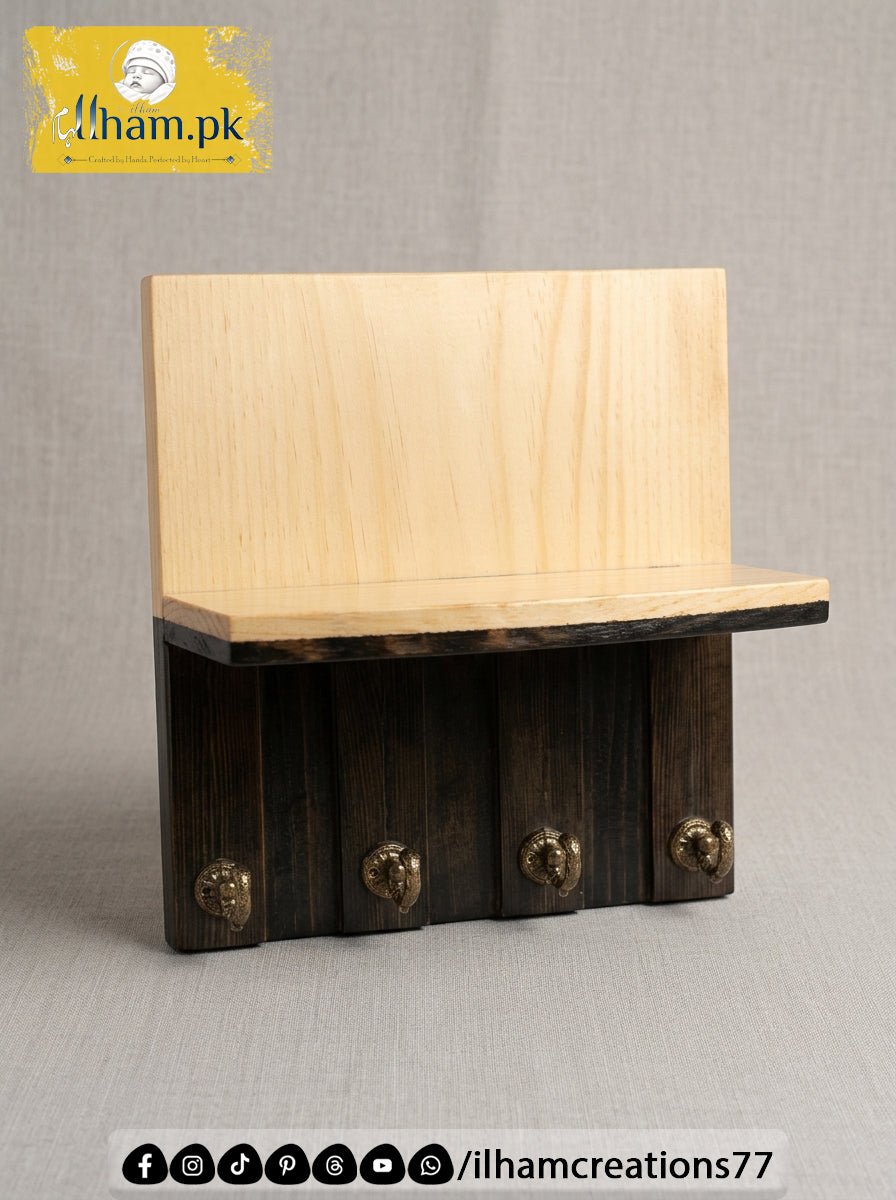 Wooden 4 Hook Key Chain Holder with 11x6 inch Wide Storage Shelf | Ilham.pk - ilham Creations