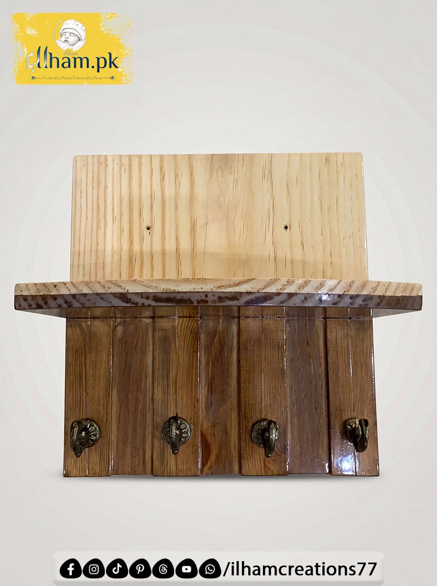 Wooden 4 Hook Key Chain Holder with 11x6 inch Wide Storage Shelf | Ilham.pk - ilham Creations