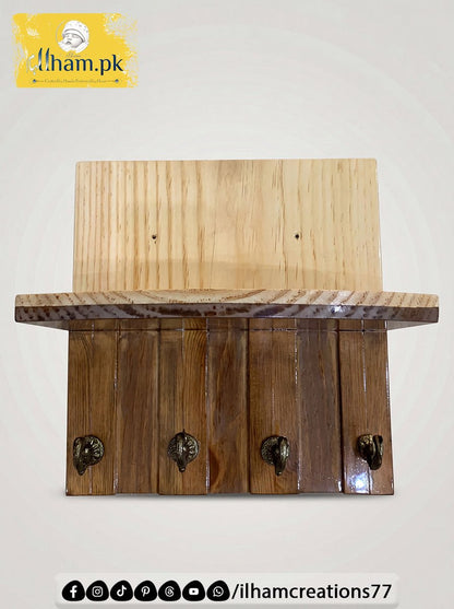 Wooden 4 Hook Key Chain Holder with 11x6 inch Wide Storage Shelf | Ilham.pk - ilham Creations