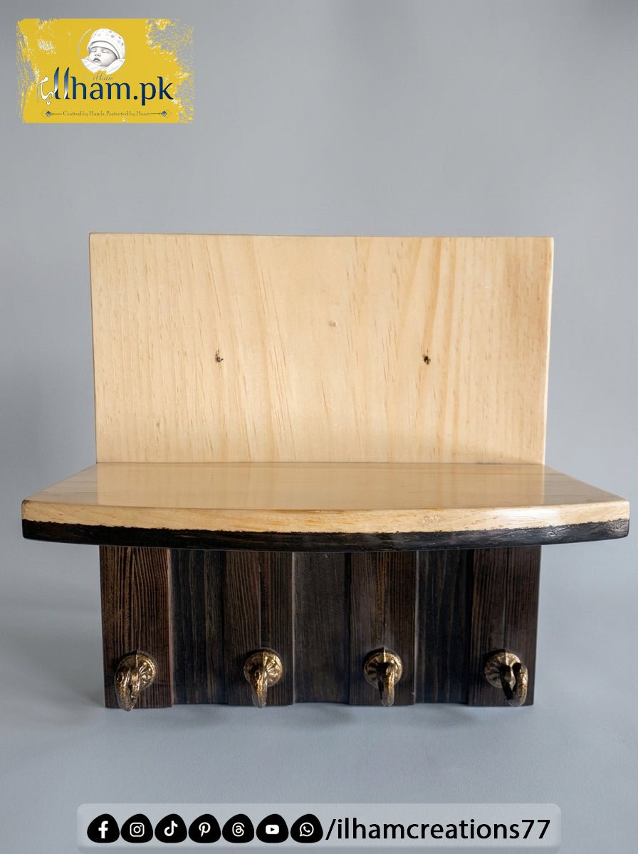 Wooden 4 Hook Key Chain Holder with 11x6 inch Wide Storage Shelf | Ilham.pk - ilham Creations