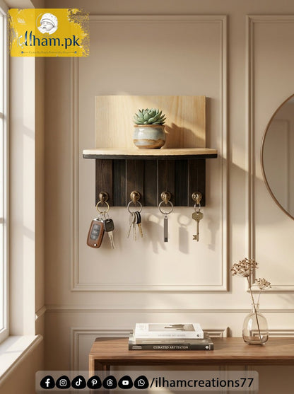 Wooden 4 Hook Key Chain Holder with 11x6 inch Wide Storage Shelf | Ilham.pk - ilham Creations