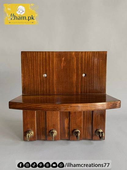 Wooden 4 Hook Key Chain Holder with 11x6 inch Wide Storage Shelf | Ilham.pk - ilham Creations
