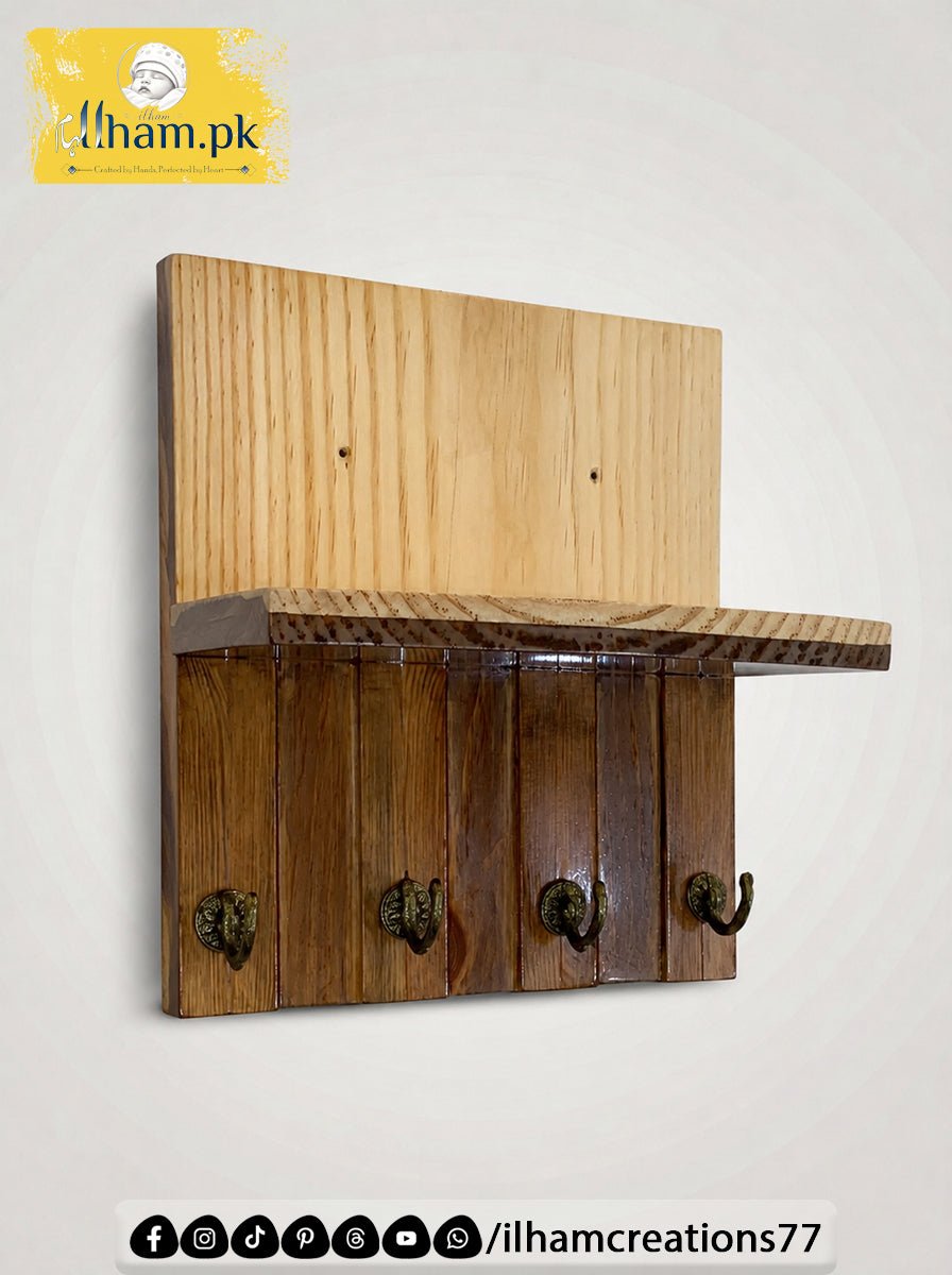 Wooden 4 Hook Key Chain Holder with 11x6 inch Wide Storage Shelf | Ilham.pk - ilham Creations