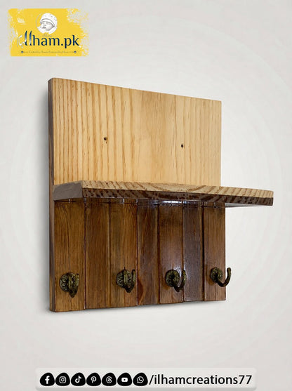Wooden 4 Hook Key Chain Holder with 11x6 inch Wide Storage Shelf | Ilham.pk - ilham Creations