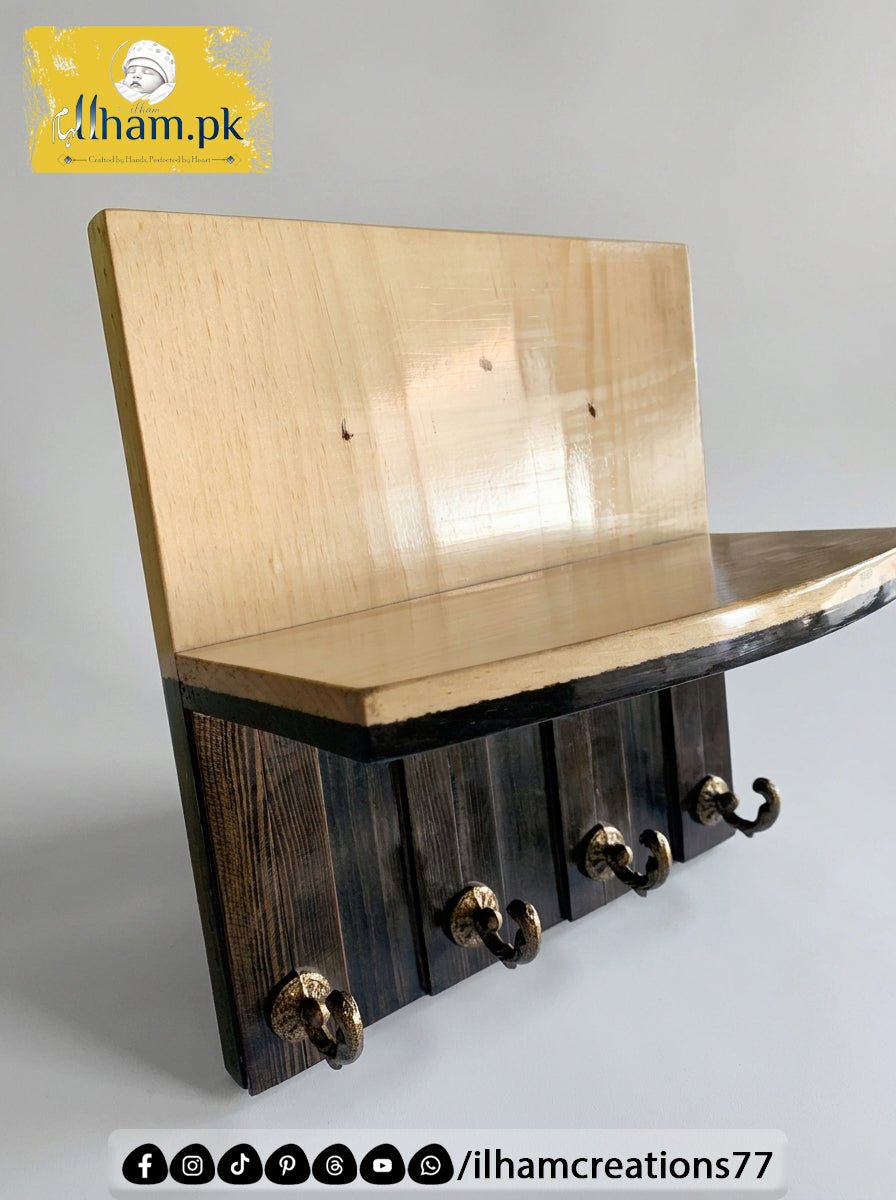 Wooden 4 Hook Key Chain Holder with 11x6 inch Wide Storage Shelf | Ilham.pk - ilham Creations