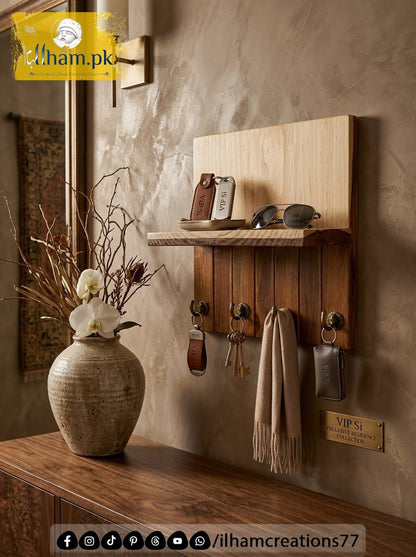 Wooden 4 Hook Key Chain Holder with 11x6 inch Wide Storage Shelf | Ilham.pk - ilham Creations