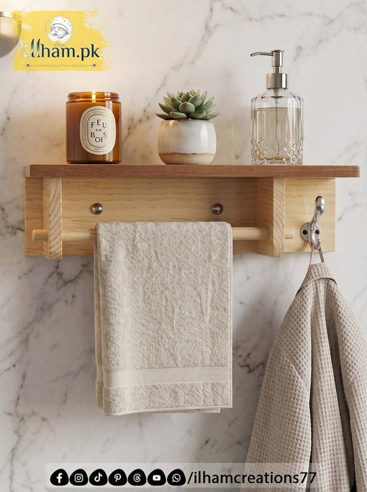 Wooden Bath & Hand Towel Hanger with 1 Utility Hook and Storage Shelf | Ilham.pk - ilham Creations