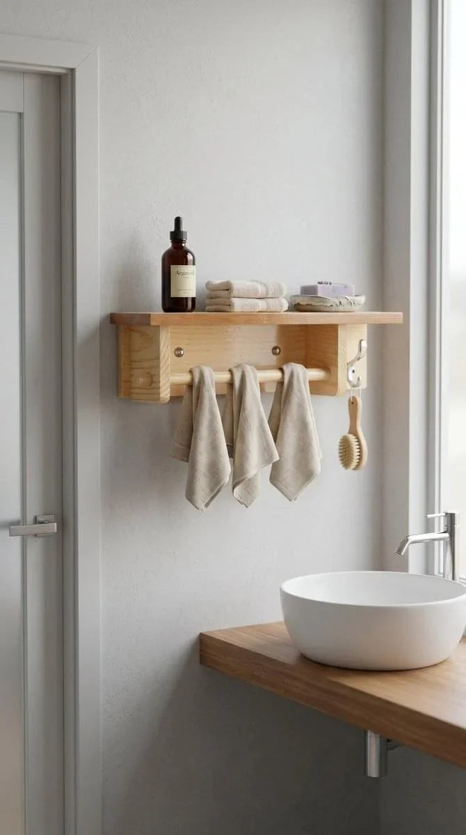 Wooden Bathroom Bath & Hand Towel Hanger with Storage Shelf | Bathroom Organizer Shelf for Towels, Toiletries & Accessories | Ilham.pk - ilham - Crafted by Hands, Perfected by Heart