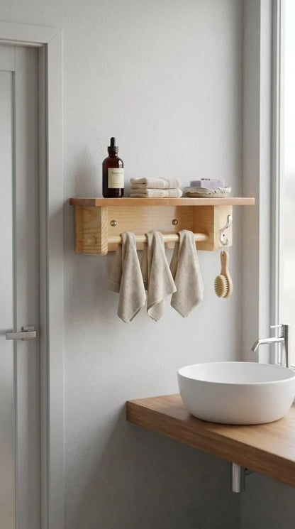 Wooden Bathroom Bath & Hand Towel Hanger with Storage Shelf | Bathroom Organizer Shelf for Towels, Toiletries & Accessories | Ilham.pk - ilham - Crafted by Hands, Perfected by Heart