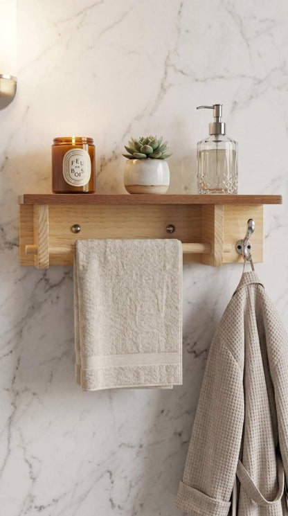 Wooden Bathroom Bath & Hand Towel Hanger with Storage Shelf | Bathroom Organizer Shelf for Towels, Toiletries & Accessories | Ilham.pk - ilham - Crafted by Hands, Perfected by Heart