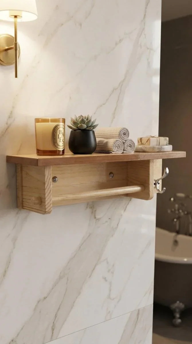 Wooden Bathroom Bath & Hand Towel Hanger with Storage Shelf | Bathroom Organizer Shelf for Towels, Toiletries & Accessories | Ilham.pk - ilham - Crafted by Hands, Perfected by Heart