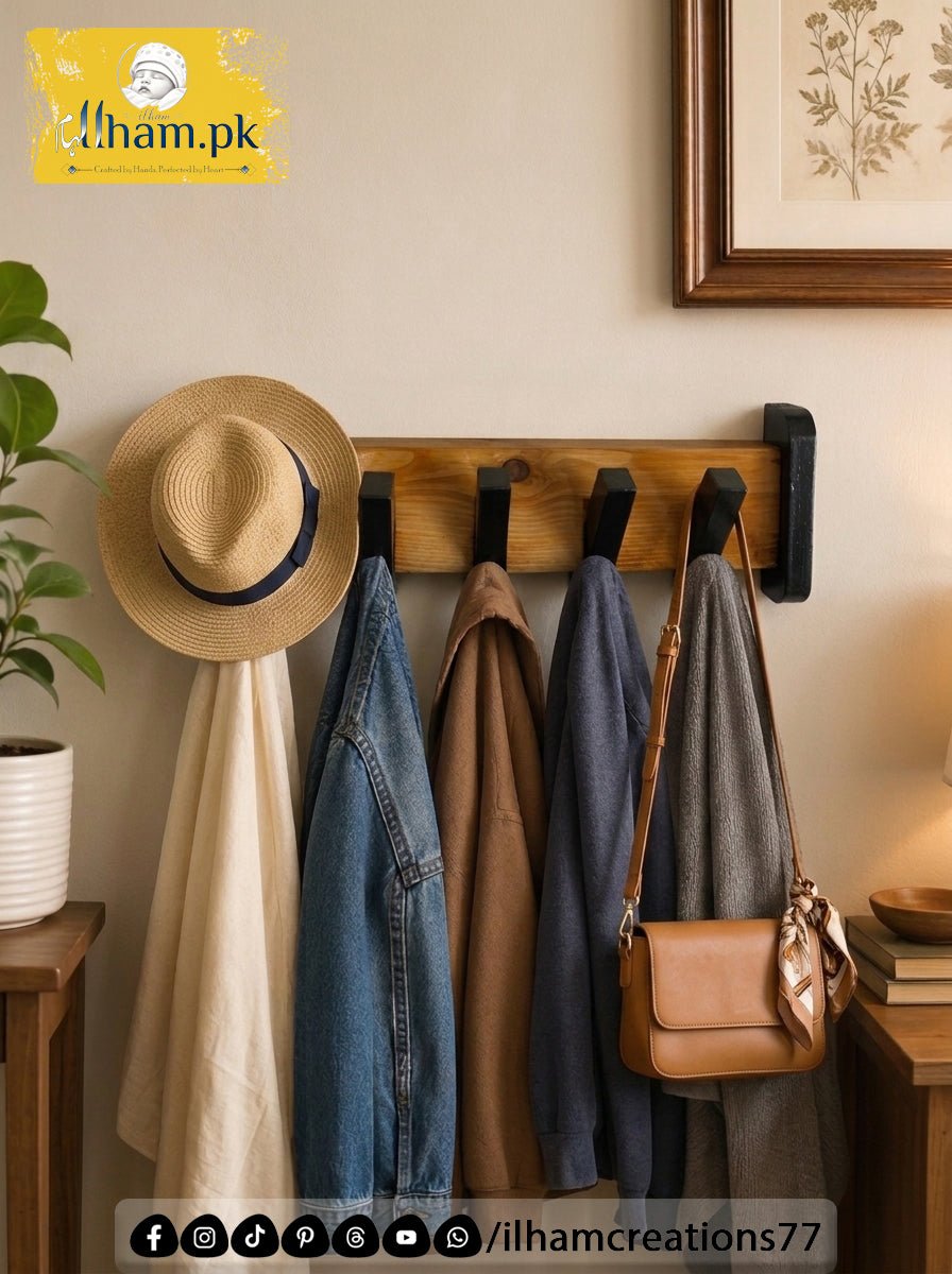 Wooden Multipurpose Wall Mounted 5 Hook Hanger for Coat, Cloths, Cap etc | ilham.pk - ilham Creations