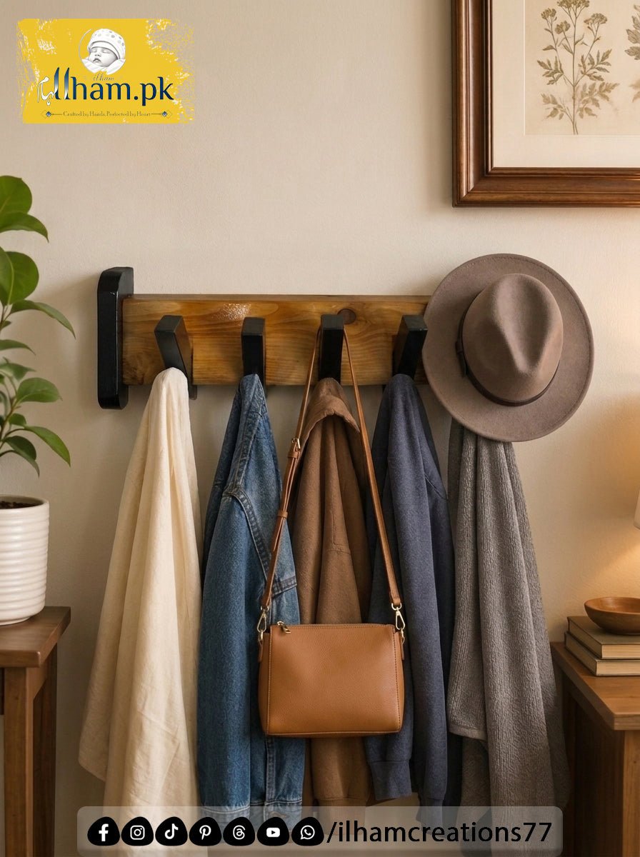 Wooden Multipurpose Wall Mounted 5 Hook Hanger for Coat, Cloths, Cap etc | ilham.pk - ilham Creations