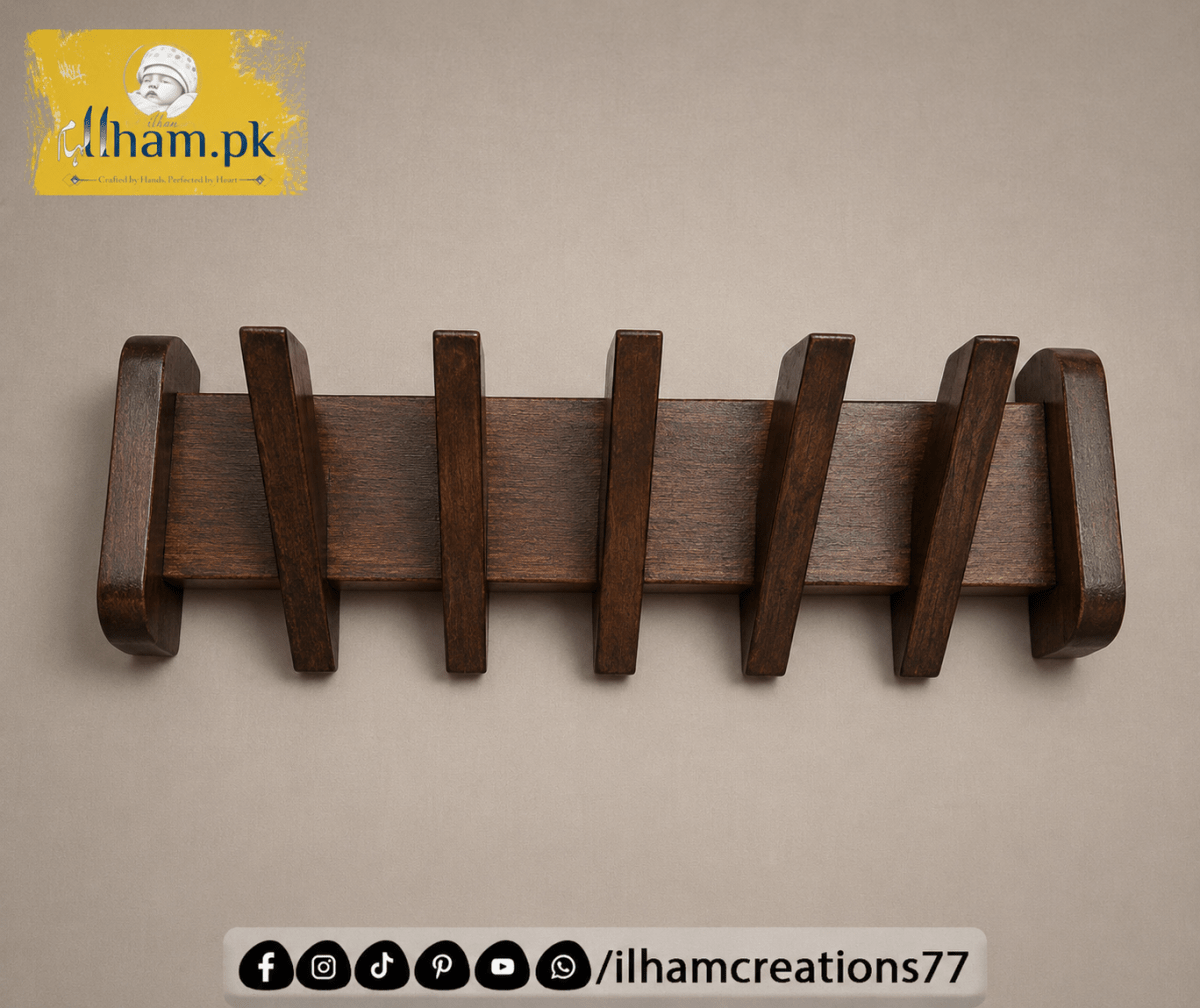 Wooden Multipurpose Wall Mounted 5 Hook Hanger for Coat, Cloths, Cap etc | ilham.pk - ilham Creations