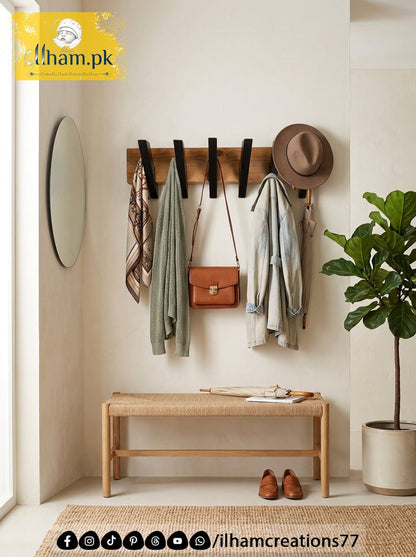 Wooden Multipurpose Wall Mounted 5 Hook Hanger for Coat, Cloths, Cap etc | ilham.pk - ilham Creations