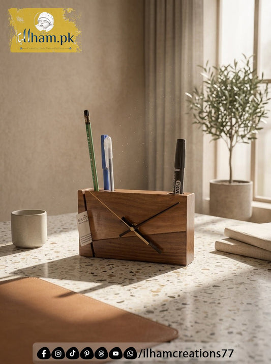 Wooden Office Table Clock with Pen & Marker Stand - Ilham Creations - ilham Creations