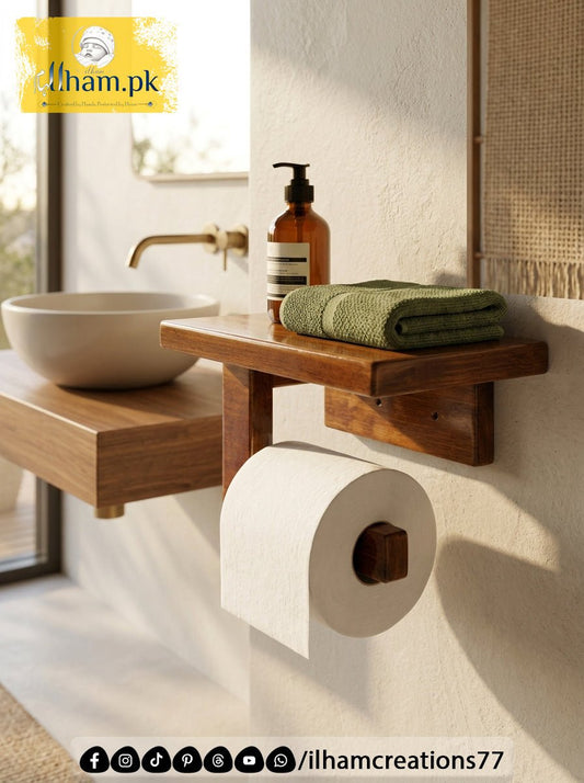 Wooden Tissue Roll Hanger with Storage Shelf – Bathroom Accessories | ilham.pk - ilham Creations