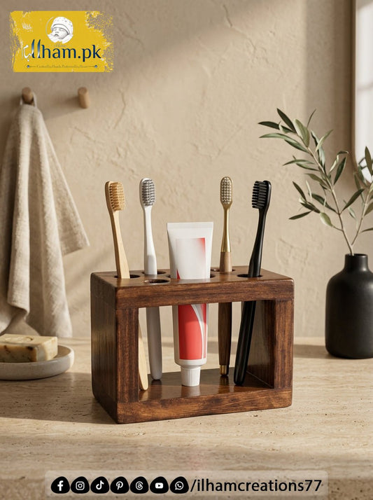 Wooden Toothpaste & Toothbrush Stand – Bathroom Accessories | ilham.pk - ilham Creations