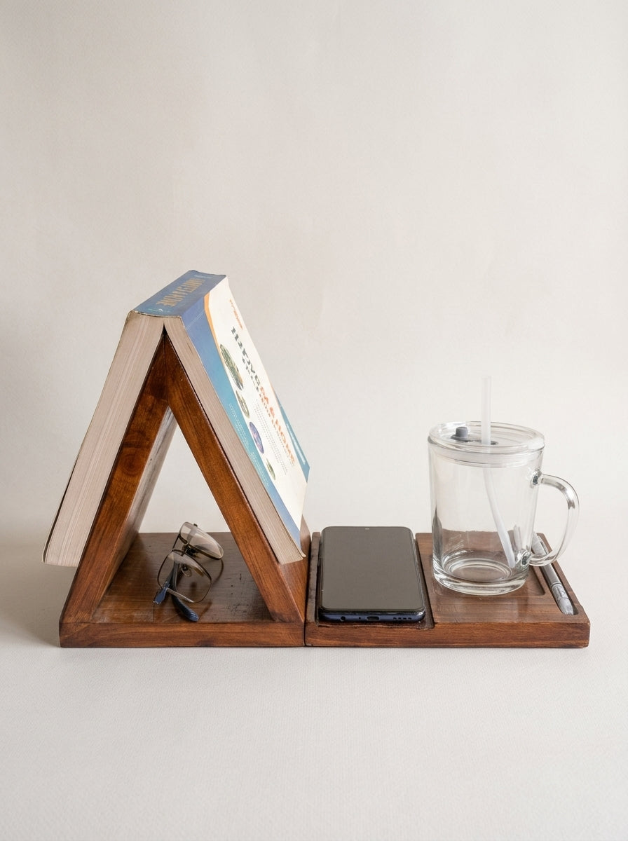 Foldable Wooden Sofa Arm Book Stand & Organizer | Reading Companion